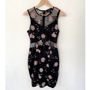 Black Dress with Mesh and Rose Appliqué Detail